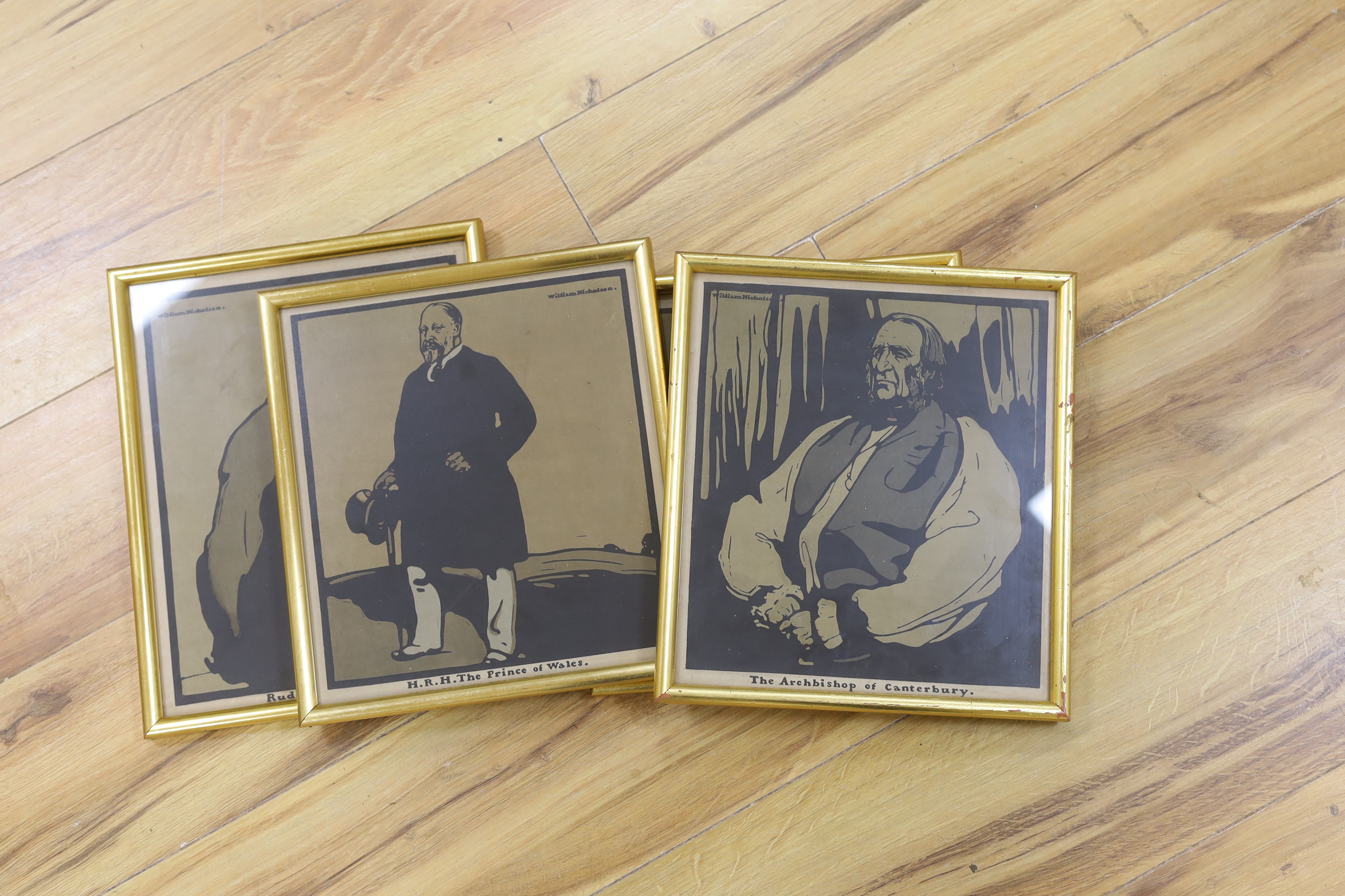 William Nicholson (1872-1949), four colour lithographs, comprising, portraits of Rudyard Kipling, H.R.H. The Prince of Wales, The Archbishop of Canterbury and Sarah Bernhardt, largest 27 x 24cm, framed and glazed